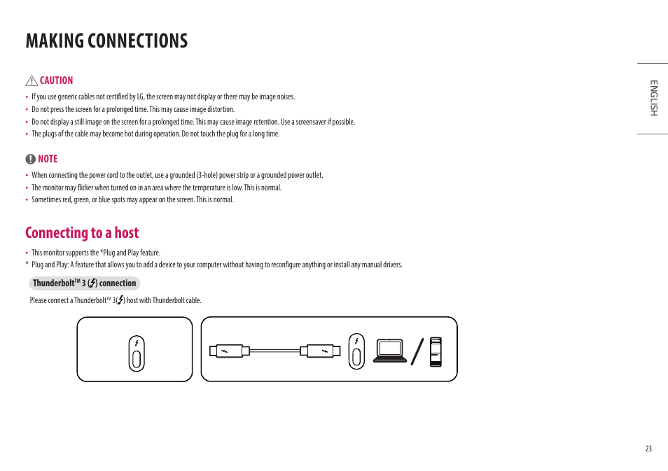 Making connections, Connecting to a host | LG UltraFine 27MD5KL-B 27" 16:9 5K IPS Monitor User Manual | Page 23 / 31