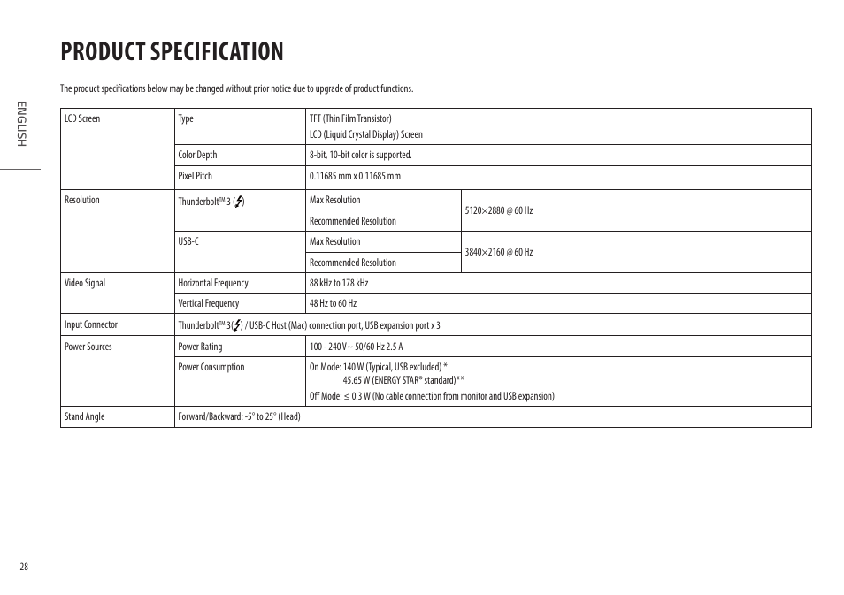 Product specification | LG UltraFine 27MD5KL-B 27" 16:9 5K IPS Monitor User Manual | Page 28 / 31