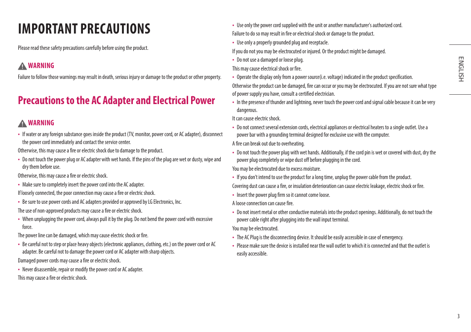 Important precautions, Precautions to the ac adapter and electrical power | LG UltraFine 27MD5KL-B 27" 16:9 5K IPS Monitor User Manual | Page 3 / 31