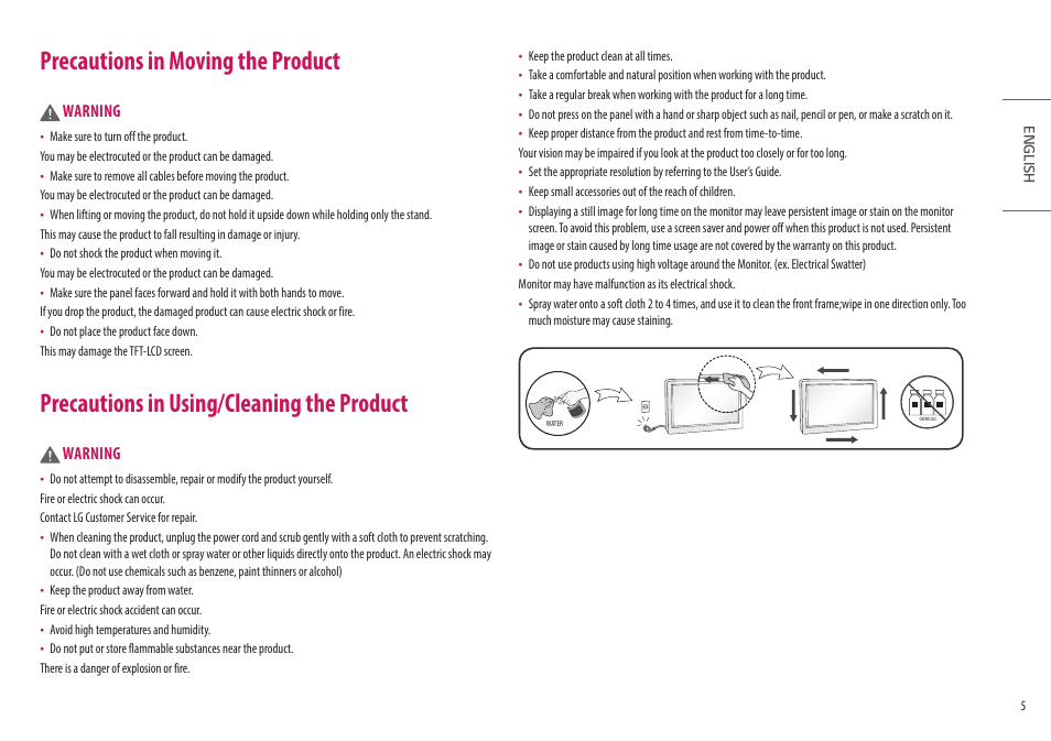 Precautions in moving the product, Precautions in using/cleaning the product | LG UltraFine 27MD5KL-B 27" 16:9 5K IPS Monitor User Manual | Page 5 / 31