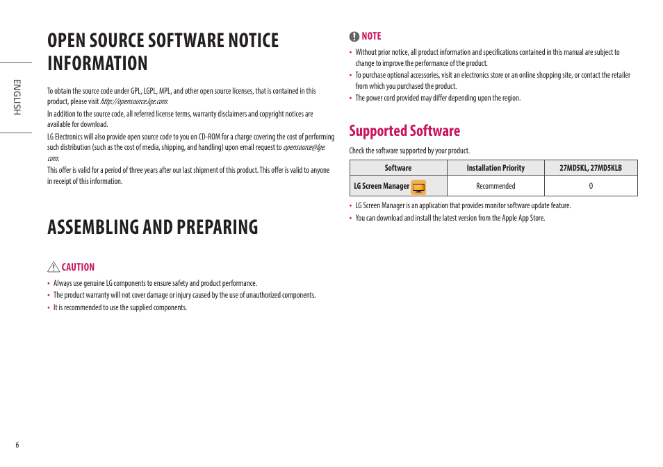 Open source software notice information, Assembling and preparing, Supported software | LG UltraFine 27MD5KL-B 27" 16:9 5K IPS Monitor User Manual | Page 6 / 31