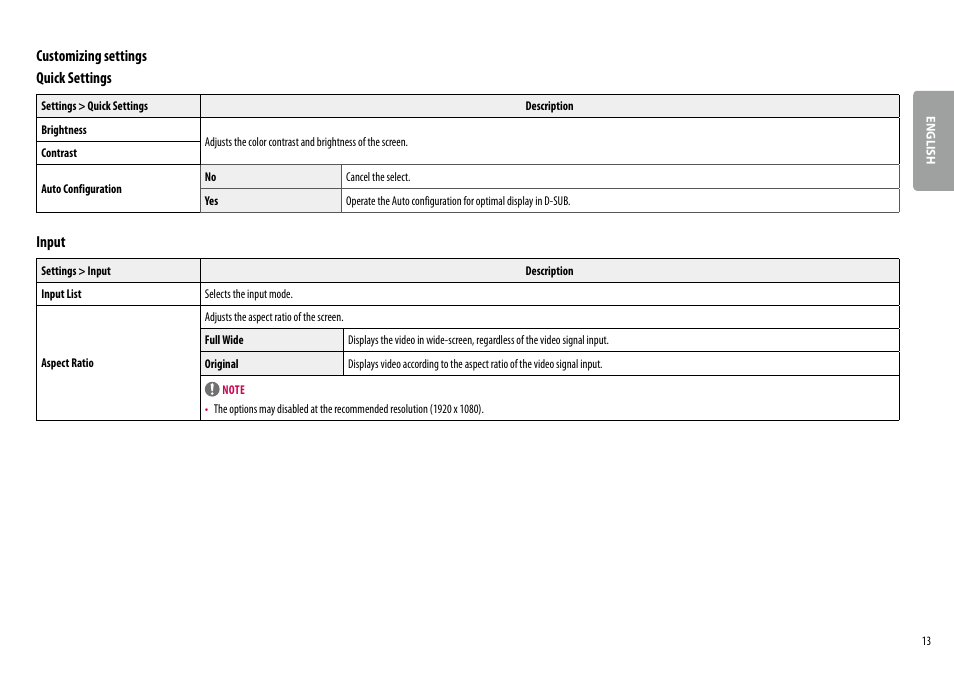 Customizing settings quick settings, Input | LG 24MP400-B 23.8" 16:9 FreeSync Full HD IPS Monitor User Manual | Page 13 / 33