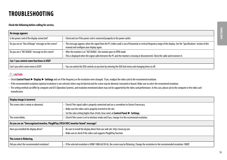 Troubleshooting | LG 24MP400-B 23.8" 16:9 FreeSync Full HD IPS Monitor User Manual | Page 19 / 33