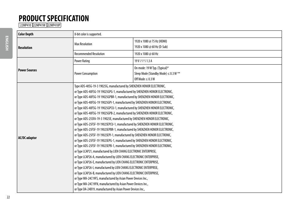 Product specification | LG 24MP400-B 23.8" 16:9 FreeSync Full HD IPS Monitor User Manual | Page 22 / 33