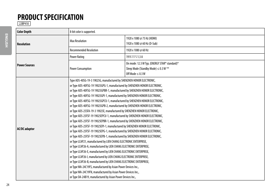 Product specification | LG 24MP400-B 23.8" 16:9 FreeSync Full HD IPS Monitor User Manual | Page 24 / 33