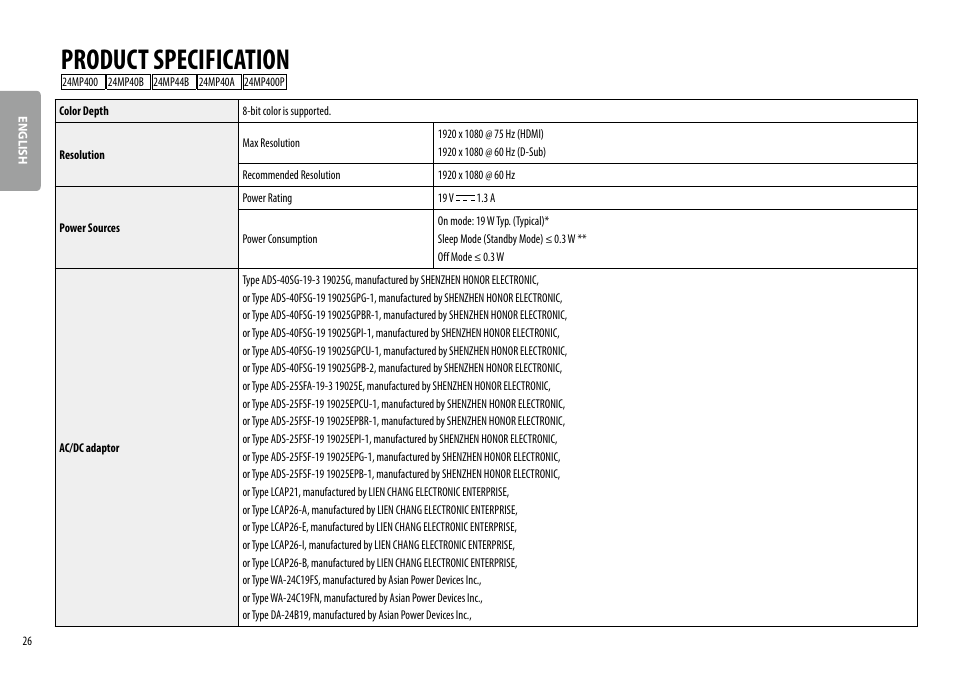 Product specification | LG 24MP400-B 23.8" 16:9 FreeSync Full HD IPS Monitor User Manual | Page 26 / 33
