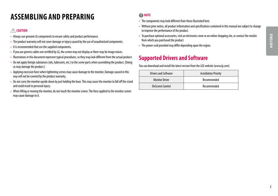 Assembling and preparing, Supported drivers and software | LG 24MP400-B 23.8" 16:9 FreeSync Full HD IPS Monitor User Manual | Page 3 / 33