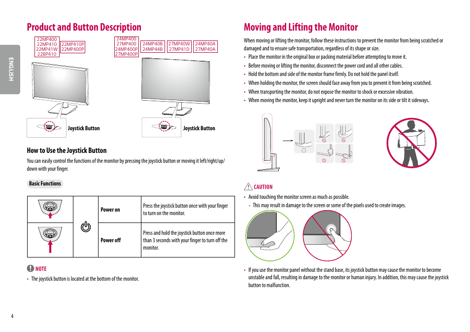 Product and button description, Moving and lifting the monitor, How to use the joystick button | LG 24MP400-B 23.8" 16:9 FreeSync Full HD IPS Monitor User Manual | Page 4 / 33