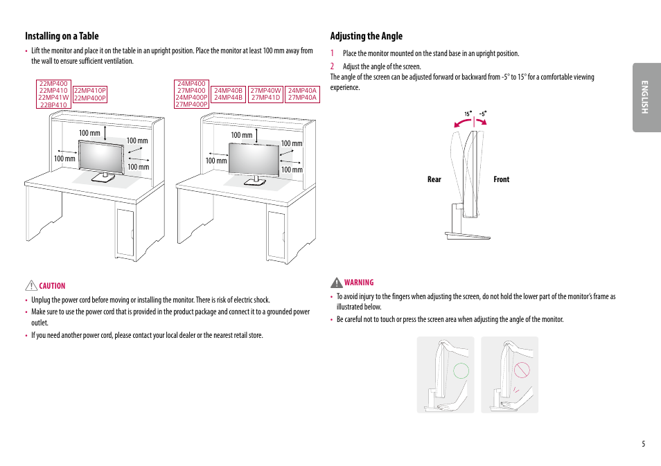 Installing on a table, Adjusting the angle | LG 24MP400-B 23.8" 16:9 FreeSync Full HD IPS Monitor User Manual | Page 5 / 33