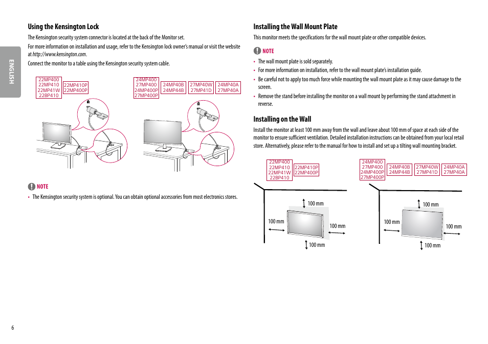 Using the kensington lock, Installing the wall mount plate, Installing on the wall | LG 24MP400-B 23.8" 16:9 FreeSync Full HD IPS Monitor User Manual | Page 6 / 33