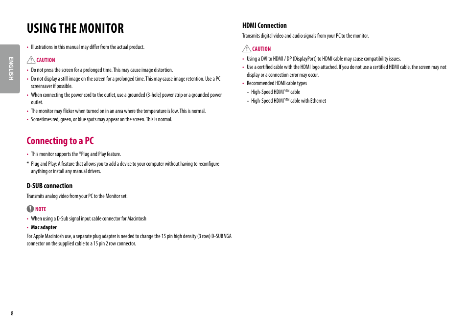 Using the monitor, Connecting to a pc, D-sub connection | Hdmi connection | LG 24MP400-B 23.8" 16:9 FreeSync Full HD IPS Monitor User Manual | Page 8 / 33