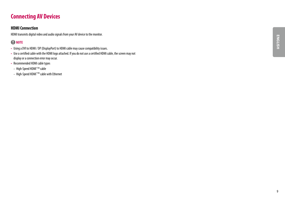 Connecting av devices, Hdmi connection | LG 24MP400-B 23.8" 16:9 FreeSync Full HD IPS Monitor User Manual | Page 9 / 33