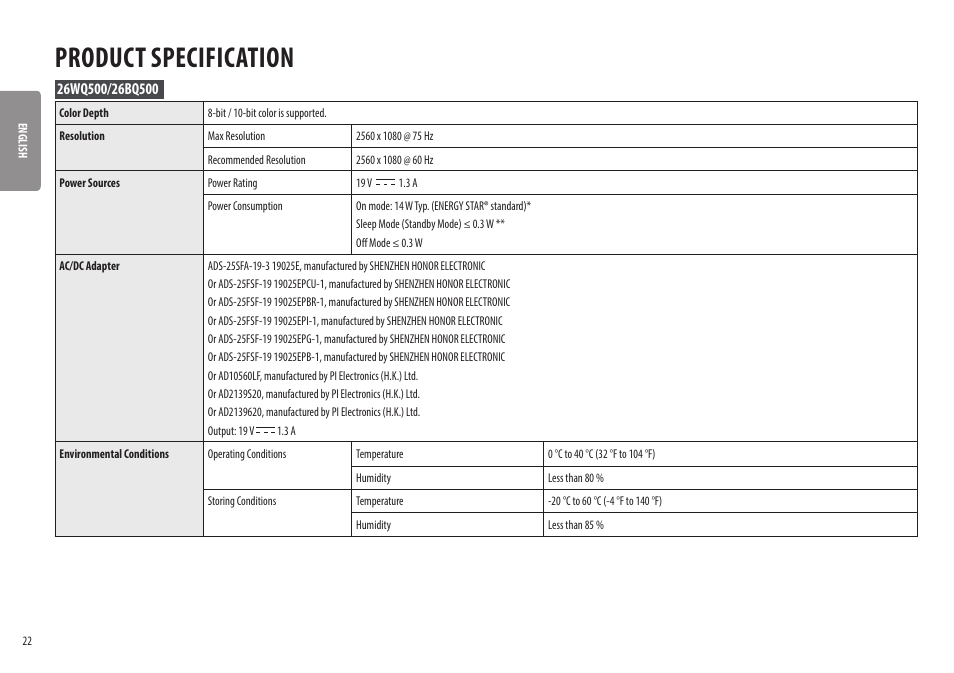 Product specification | LG UltraWide 25.7" HDR Monitor User Manual | Page 22 / 39