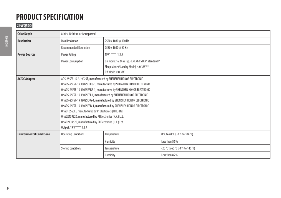 Product specification | LG UltraWide 25.7" HDR Monitor User Manual | Page 24 / 39