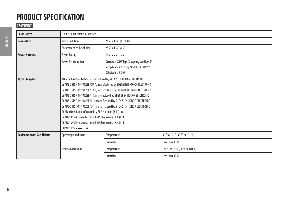 Product specification | LG UltraWide 25.7" HDR Monitor User Manual | Page 26 / 39