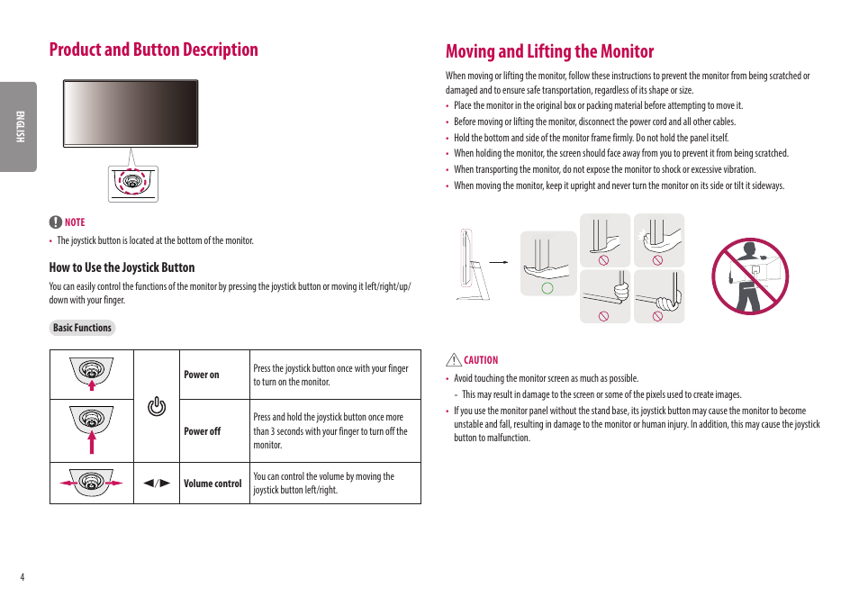 Product and button description, Moving and lifting the monitor, How to use the joystick button | LG UltraWide 25.7" HDR Monitor User Manual | Page 4 / 39