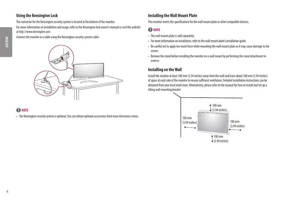 Using the kensington lock, Installing the wall mount plate, Installing on the wall | LG UltraWide 25.7" HDR Monitor User Manual | Page 6 / 39