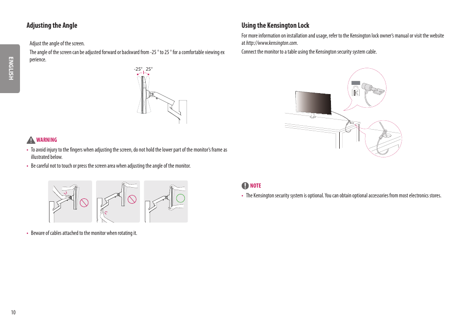 Adjusting the angle, Using the kensington lock | LG UltraWide 37.5" QHD+ HDR Curved Monitor User Manual | Page 10 / 35