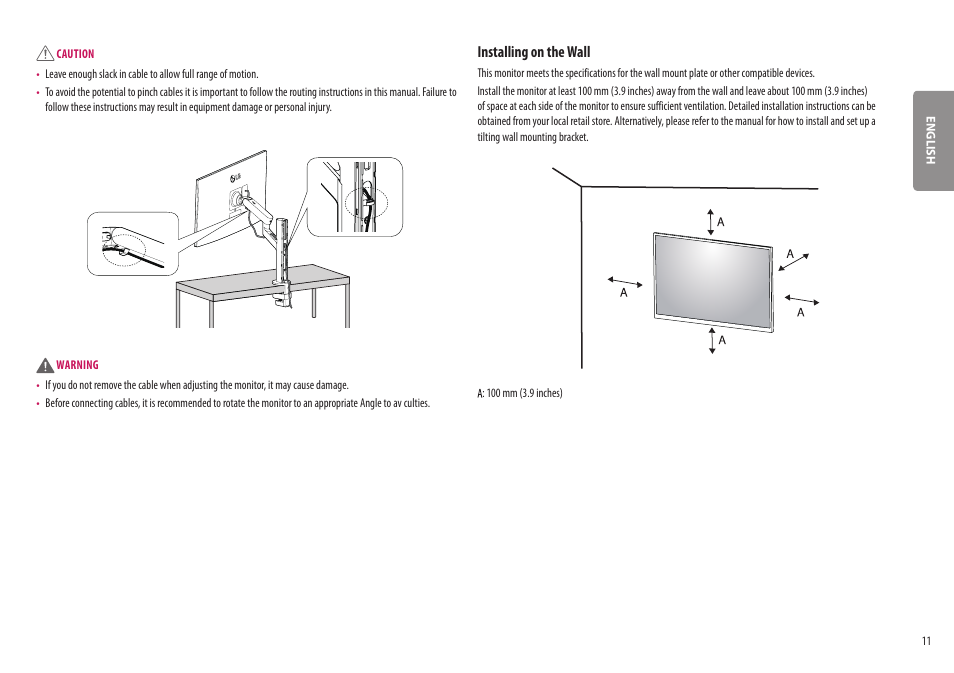 Installing on the wall | LG UltraWide 37.5" QHD+ HDR Curved Monitor User Manual | Page 11 / 35