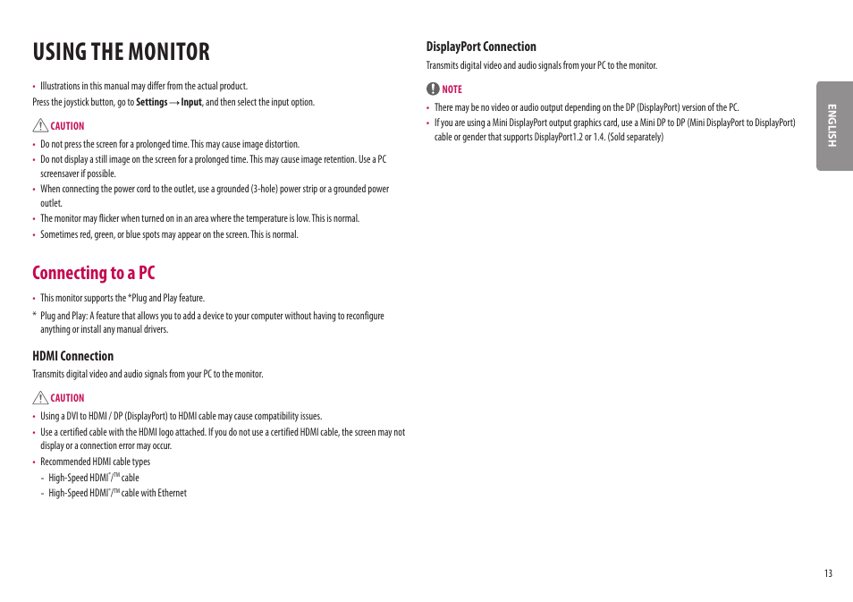 Using the monitor, Connecting to a pc, Hdmi connection | Displayport connection | LG UltraWide 37.5" QHD+ HDR Curved Monitor User Manual | Page 13 / 35