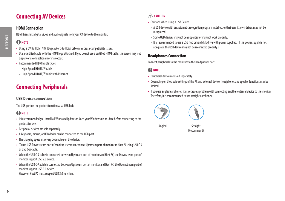 Connecting av devices, Connecting peripherals, Hdmi connection | Usb device connection, Headphones connection | LG UltraWide 37.5" QHD+ HDR Curved Monitor User Manual | Page 14 / 35