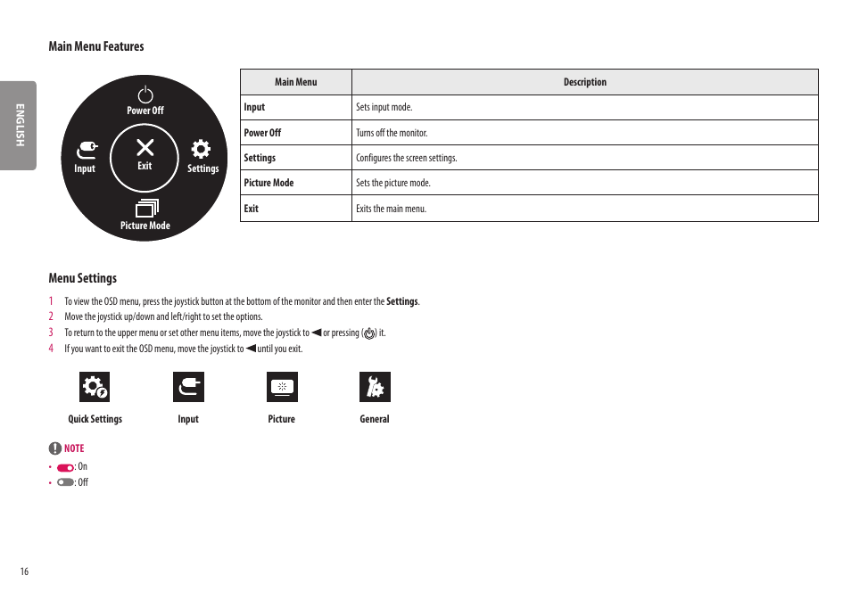 Main menu features, Menu settings | LG UltraWide 37.5" QHD+ HDR Curved Monitor User Manual | Page 16 / 35