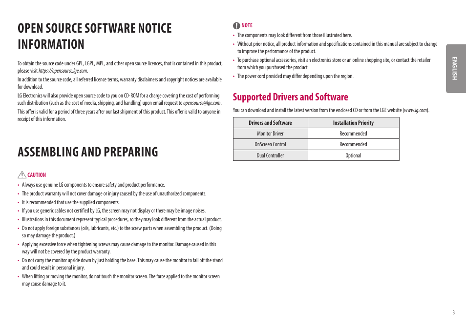 Open source software notice information, Assembling and preparing, Open source software notice | Information, Supported drivers and software | LG UltraWide 37.5" QHD+ HDR Curved Monitor User Manual | Page 3 / 35