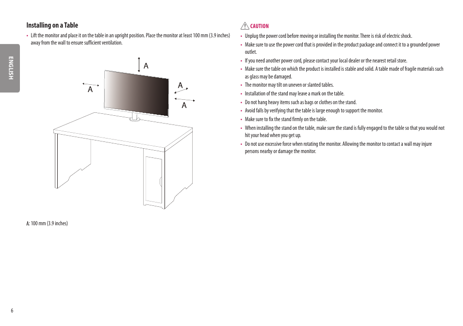 Installing on a table | LG UltraWide 37.5" QHD+ HDR Curved Monitor User Manual | Page 6 / 35
