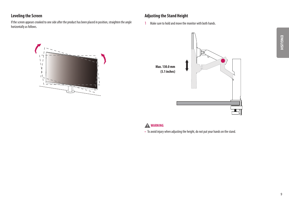 Leveling the screen, Adjusting the stand height | LG UltraWide 37.5" QHD+ HDR Curved Monitor User Manual | Page 9 / 35