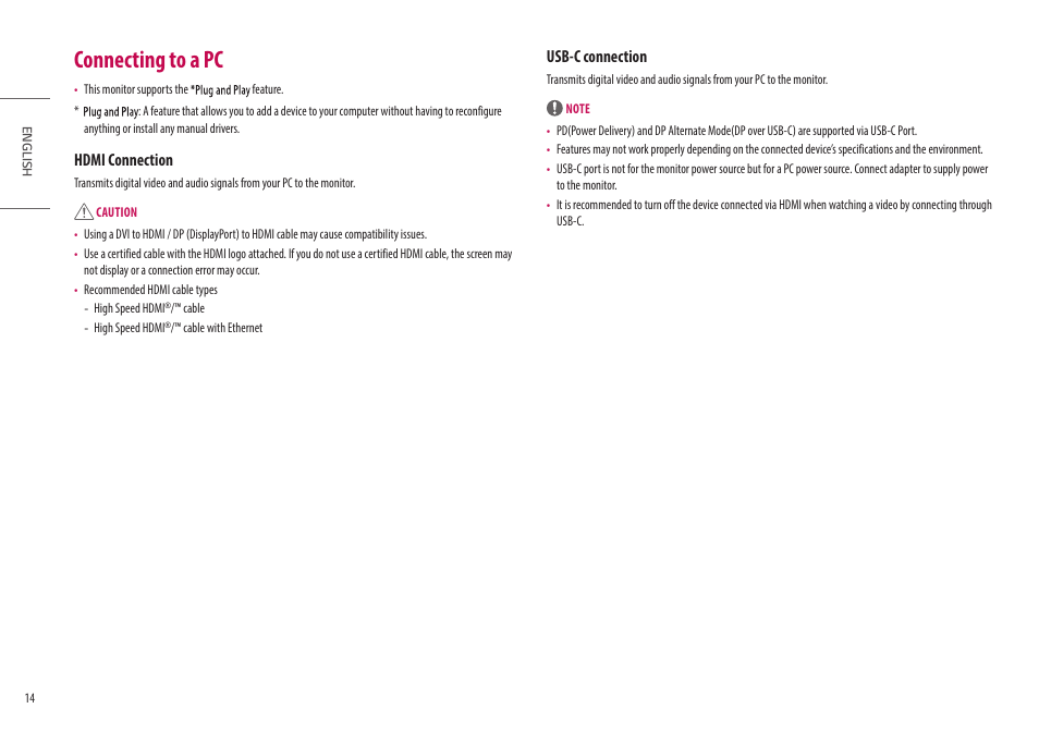 Connecting to a pc, Hdmi connection, Usb-c connection | LG Libero 27MQ70QC-S 27" 1440p HDR Monitor with Detachable Webcam User Manual | Page 14 / 29