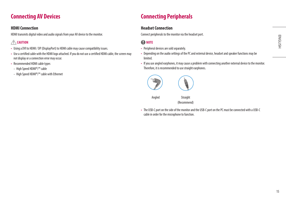 Connecting av devices, Connecting peripherals, Hdmi connection | Headset connection | LG Libero 27MQ70QC-S 27" 1440p HDR Monitor with Detachable Webcam User Manual | Page 15 / 29