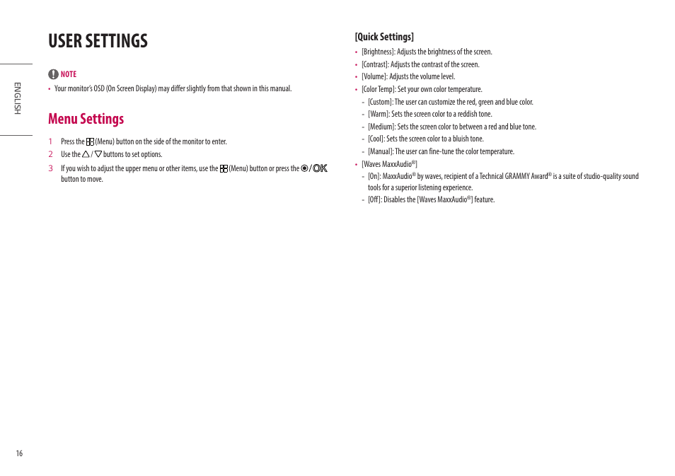 User settings, Menu settings, Quick settings | LG Libero 27MQ70QC-S 27" 1440p HDR Monitor with Detachable Webcam User Manual | Page 16 / 29