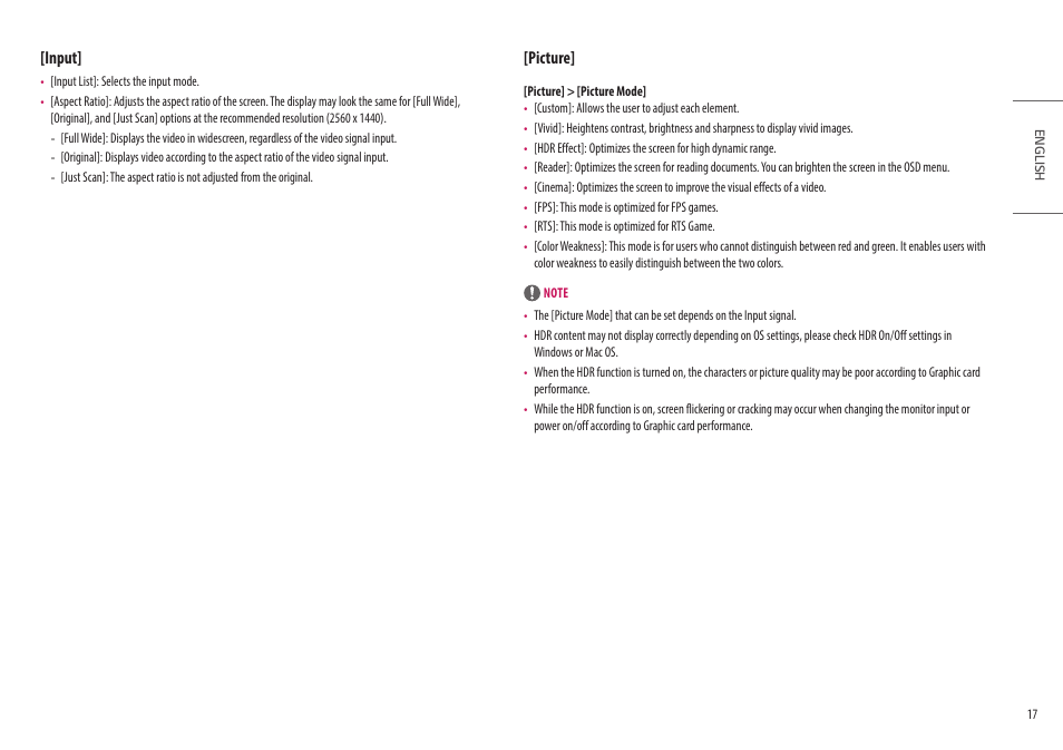 Input, Picture | LG Libero 27MQ70QC-S 27" 1440p HDR Monitor with Detachable Webcam User Manual | Page 17 / 29