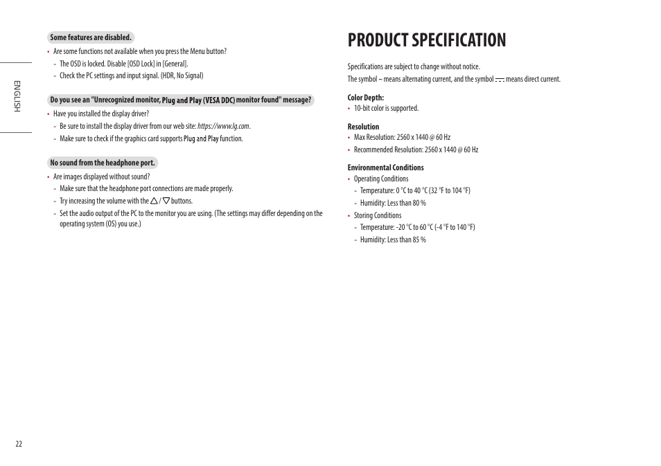 Product specification | LG Libero 27MQ70QC-S 27" 1440p HDR Monitor with Detachable Webcam User Manual | Page 22 / 29