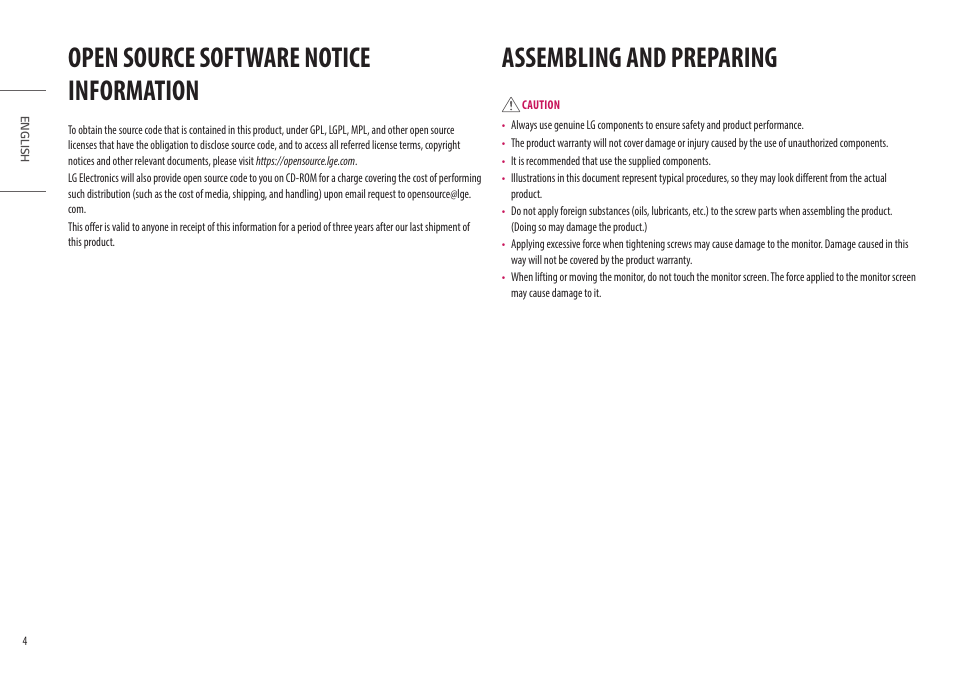 Open source software notice information, Assembling and preparing | LG Libero 27MQ70QC-S 27" 1440p HDR Monitor with Detachable Webcam User Manual | Page 4 / 29