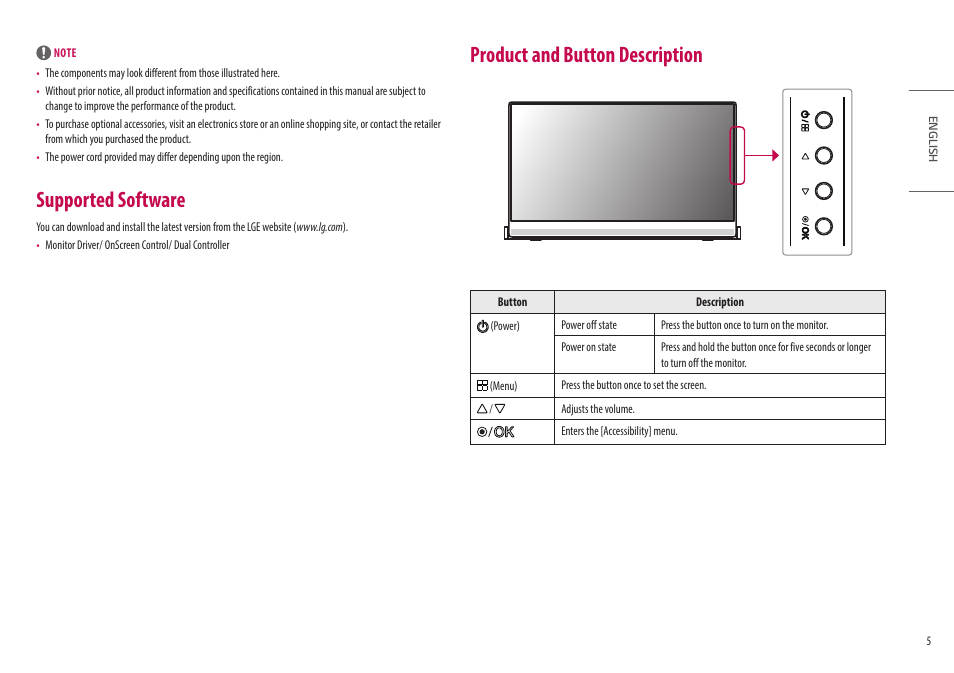 Supported software, Product and button description | LG Libero 27MQ70QC-S 27" 1440p HDR Monitor with Detachable Webcam User Manual | Page 5 / 29