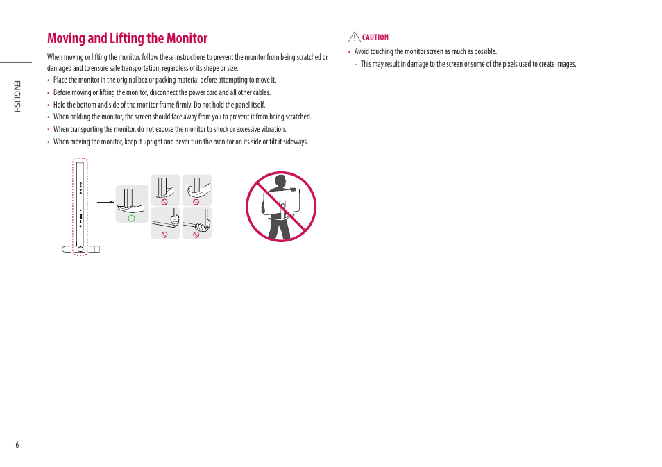 Moving and lifting the monitor | LG Libero 27MQ70QC-S 27" 1440p HDR Monitor with Detachable Webcam User Manual | Page 6 / 29