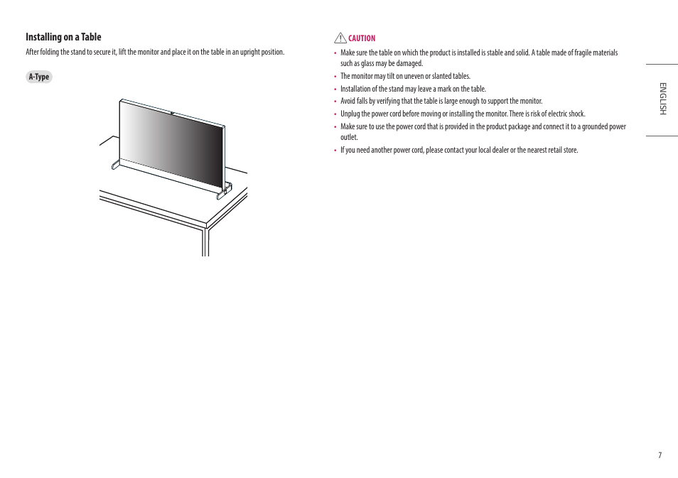 Installing on a table | LG Libero 27MQ70QC-S 27" 1440p HDR Monitor with Detachable Webcam User Manual | Page 7 / 29