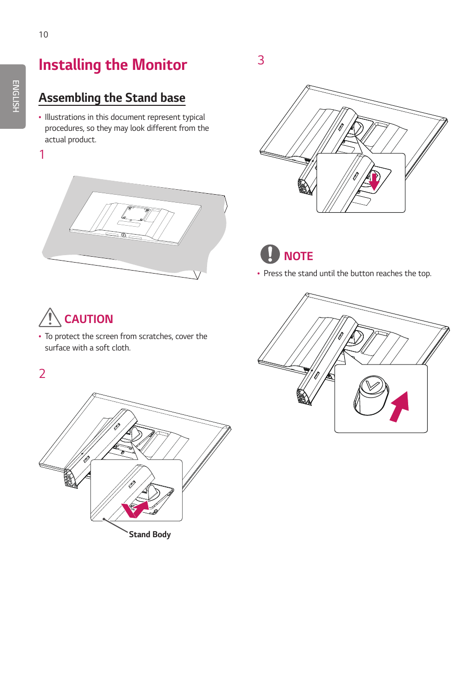 Installing the monitor, Assembling the stand base | LG 27HJ713C-B 27" 16:9 8MP IPS Clinical Review Monitor User Manual | Page 10 / 43