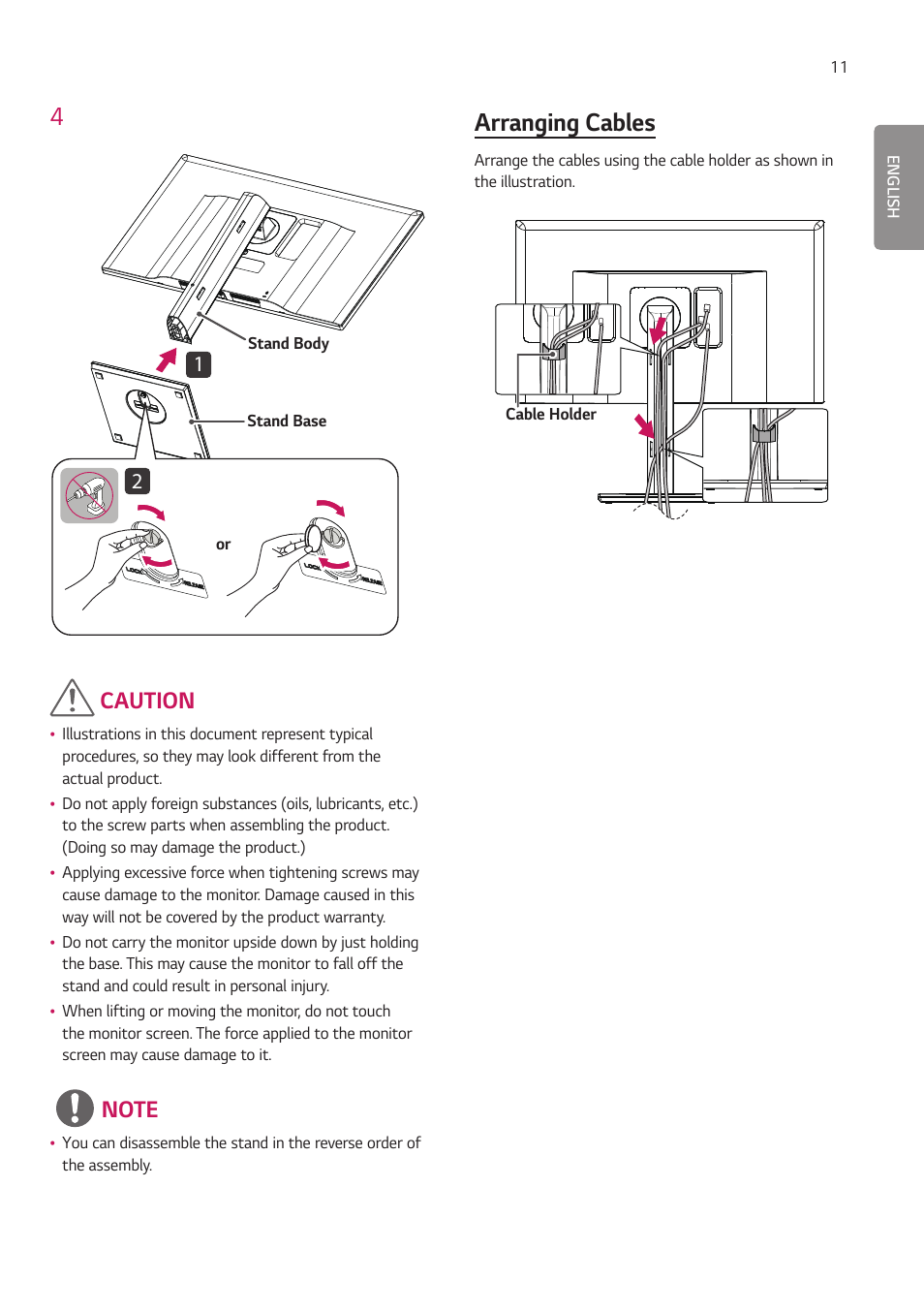 Arranging cables, Caution | LG 27HJ713C-B 27" 16:9 8MP IPS Clinical Review Monitor User Manual | Page 11 / 43