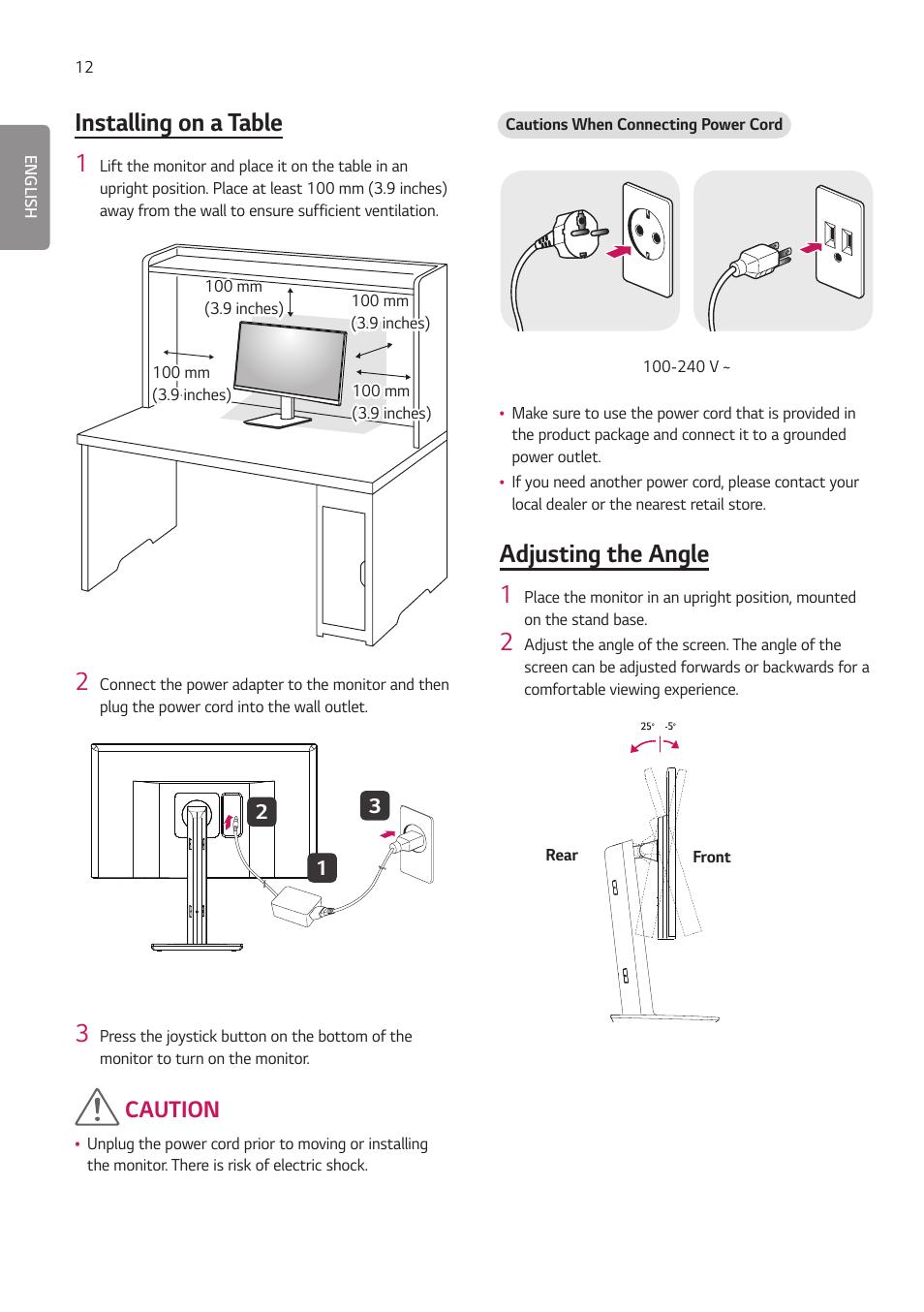 Installing on a table 1, Adjusting the angle 1, Caution | LG 27HJ713C-B 27" 16:9 8MP IPS Clinical Review Monitor User Manual | Page 12 / 43