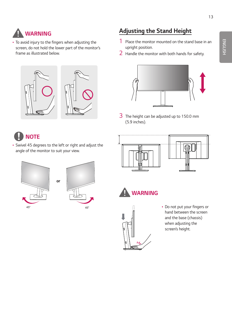 Adjusting the stand height 1, Warning | LG 27HJ713C-B 27" 16:9 8MP IPS Clinical Review Monitor User Manual | Page 13 / 43