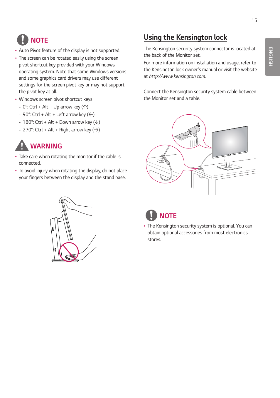 Using the kensington lock, Warning | LG 27HJ713C-B 27" 16:9 8MP IPS Clinical Review Monitor User Manual | Page 15 / 43