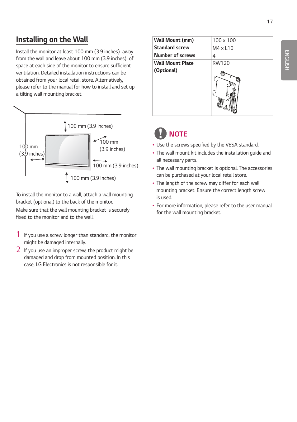 Installing on the wall | LG 27HJ713C-B 27" 16:9 8MP IPS Clinical Review Monitor User Manual | Page 17 / 43