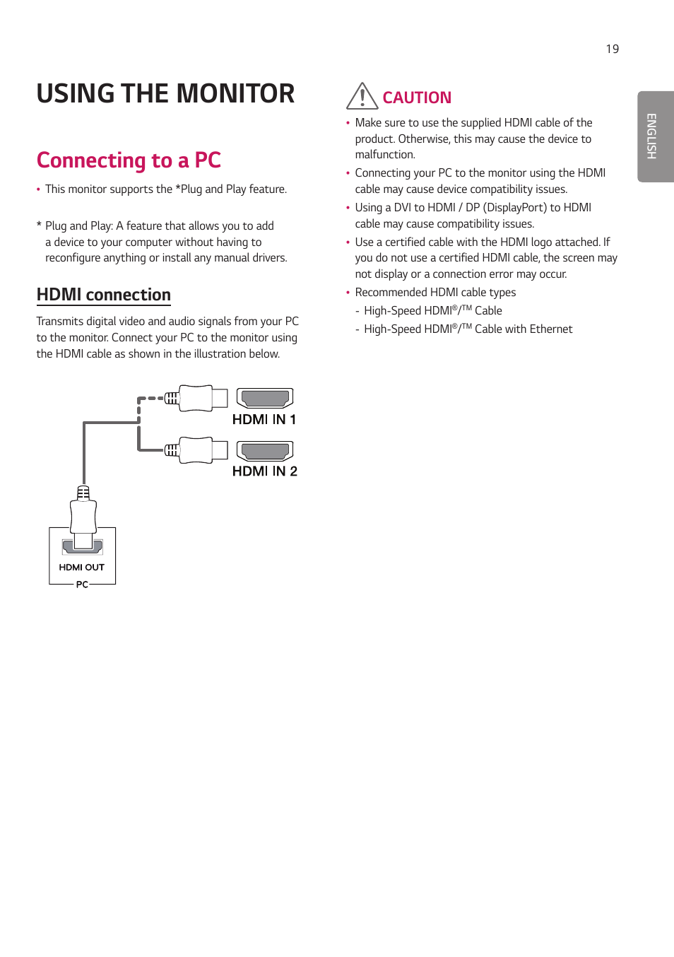 Using the monitor, Connecting to a pc, Hdmi connection | Caution | LG 27HJ713C-B 27" 16:9 8MP IPS Clinical Review Monitor User Manual | Page 19 / 43