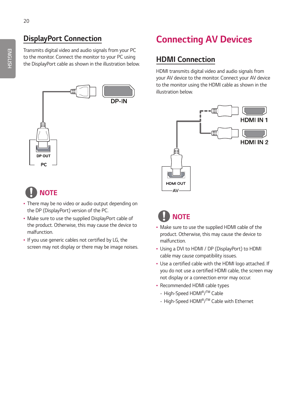 Connecting av devices, Displayport connection, Hdmi connection | LG 27HJ713C-B 27" 16:9 8MP IPS Clinical Review Monitor User Manual | Page 20 / 43