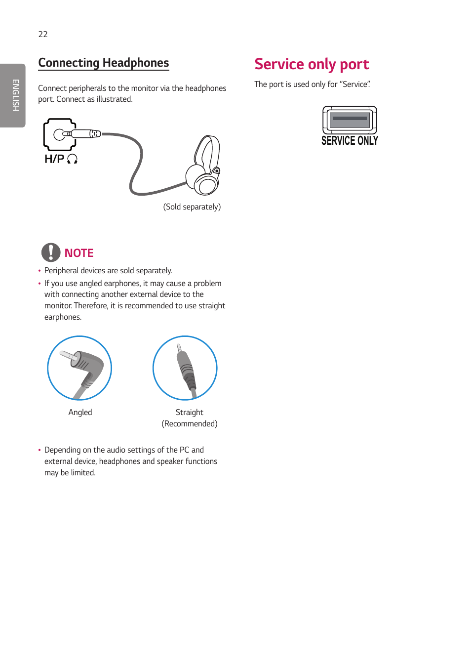 Service only port, Connecting headphones, Service only | LG 27HJ713C-B 27" 16:9 8MP IPS Clinical Review Monitor User Manual | Page 22 / 43