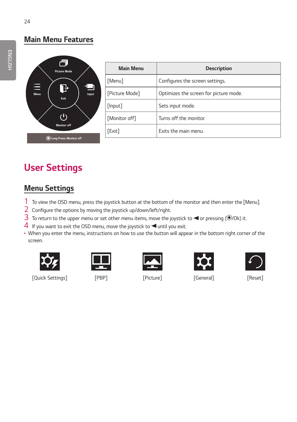 User settings, Main menu features, Menu settings 1 | LG 27HJ713C-B 27" 16:9 8MP IPS Clinical Review Monitor User Manual | Page 24 / 43