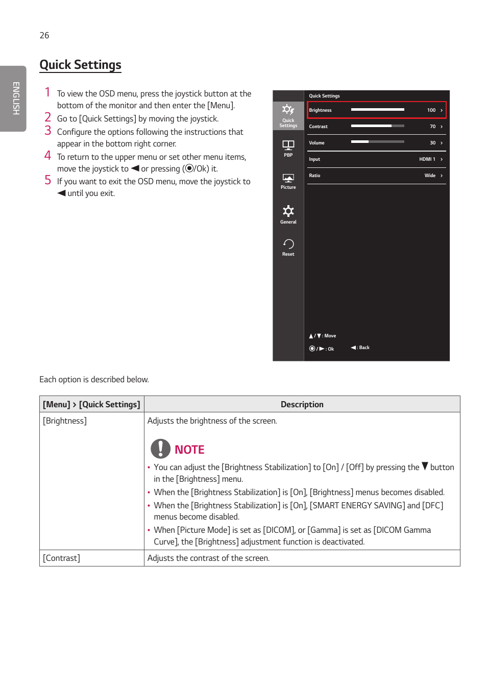 Quick settings 1 | LG 27HJ713C-B 27" 16:9 8MP IPS Clinical Review Monitor User Manual | Page 26 / 43