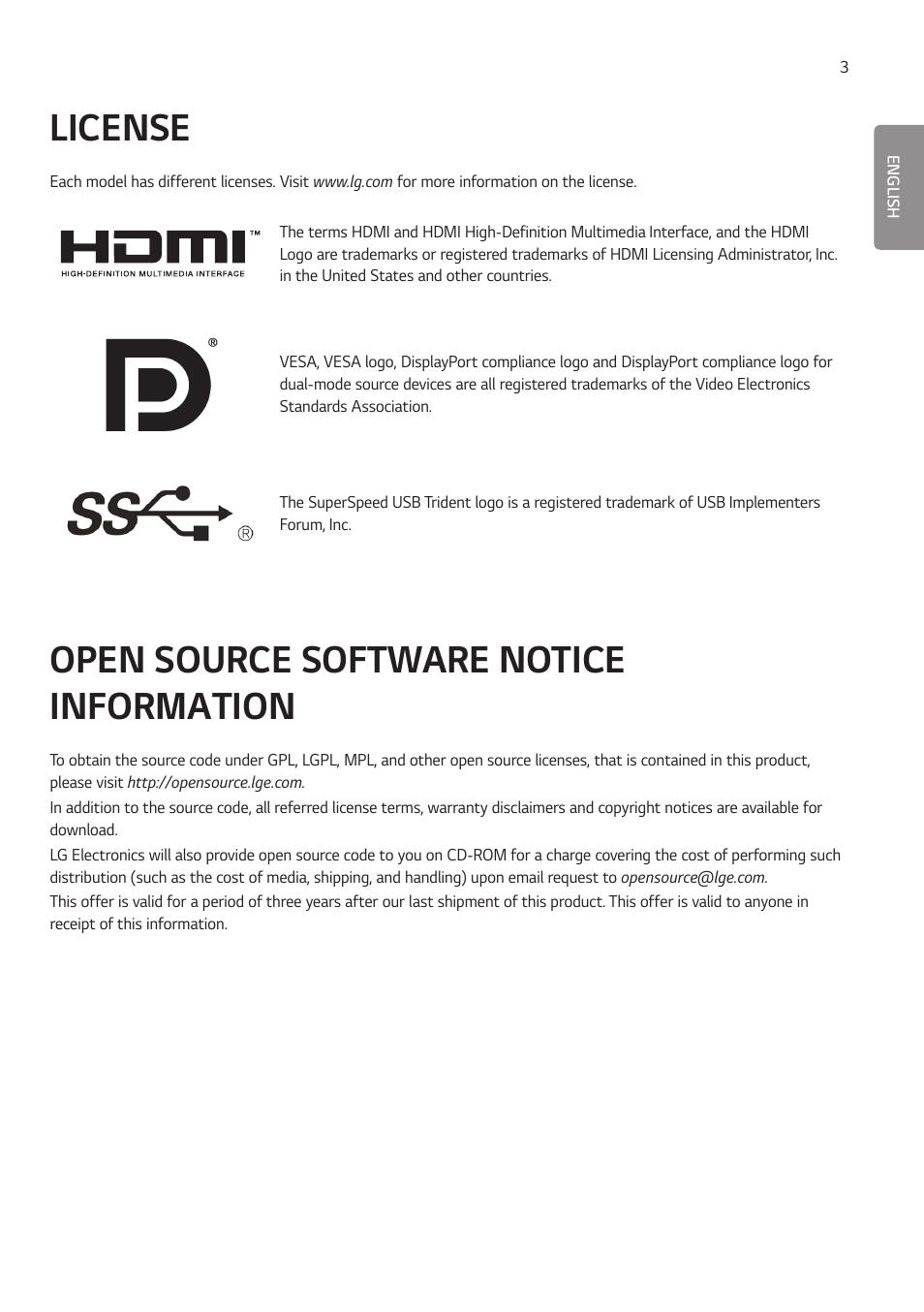 License, Open source software notice information, Open source software notice | Information | LG 27HJ713C-B 27" 16:9 8MP IPS Clinical Review Monitor User Manual | Page 3 / 43